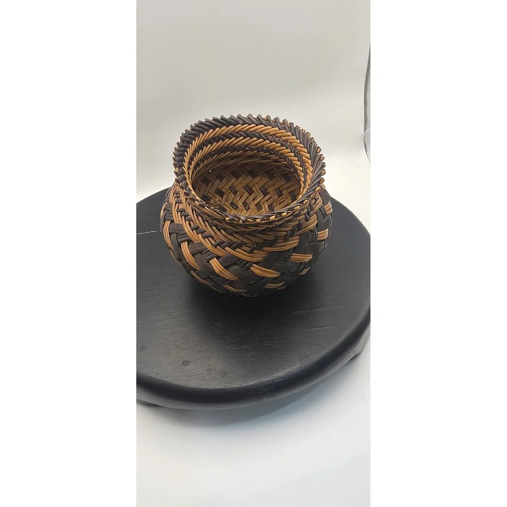 Handcrafted Miniature Woven Basket Two Tone Brown Natural Sawtooth Rim Folk Art